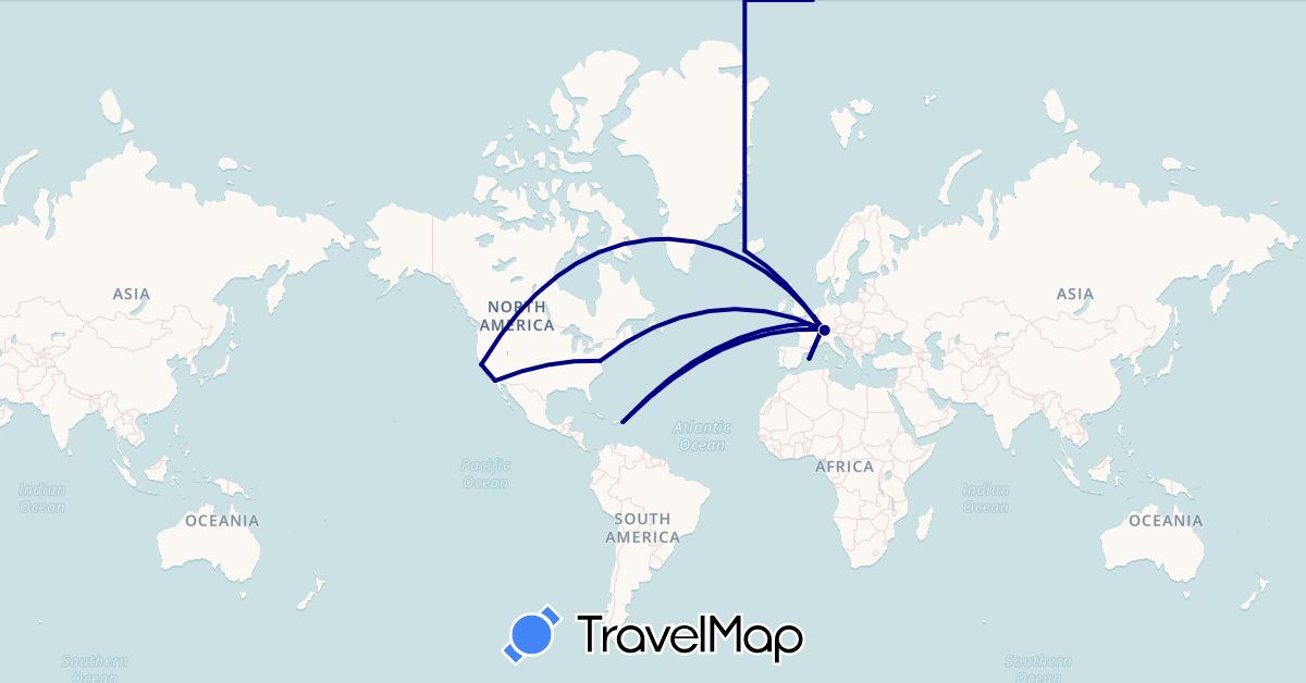 TravelMap itinerary: driving in Belgium, Switzerland, Dominican Republic, Spain, France, Iceland, United States (Europe, North America)